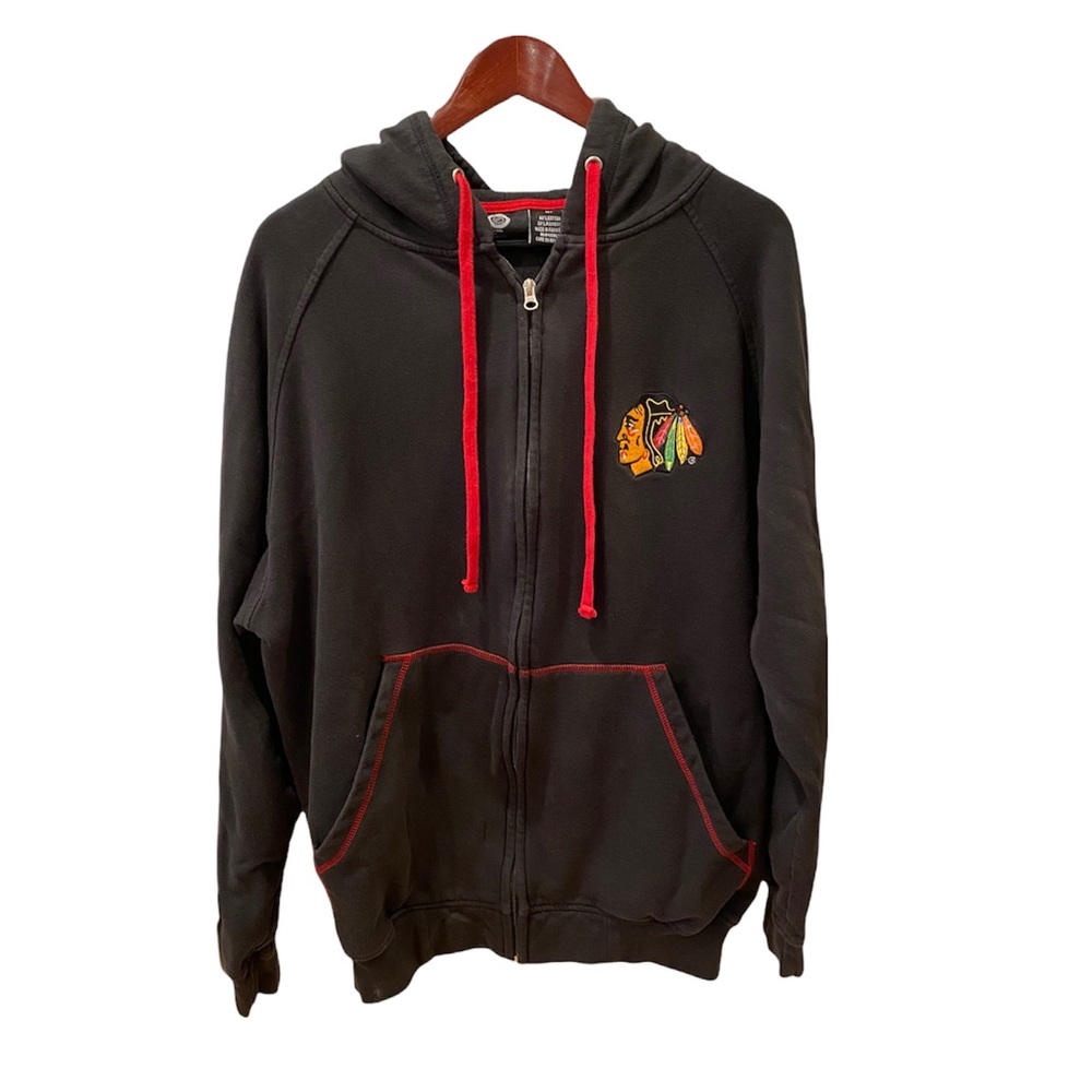NHL Chicago Blackhawks Zip Up Hoodie Sweatshirt Hockey Black Red Mens M Oversize